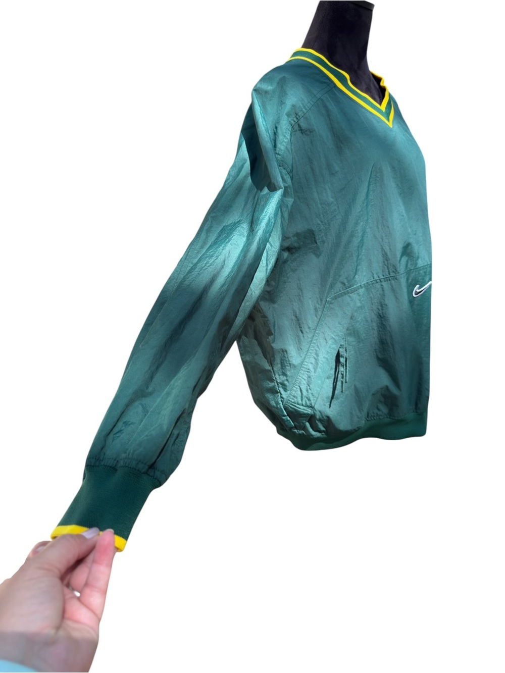 Nike V-Neck Nylon Pullover Vintage Y2K Sportswear Center Swoosh Green Gold XL - Picture 8 of 15
